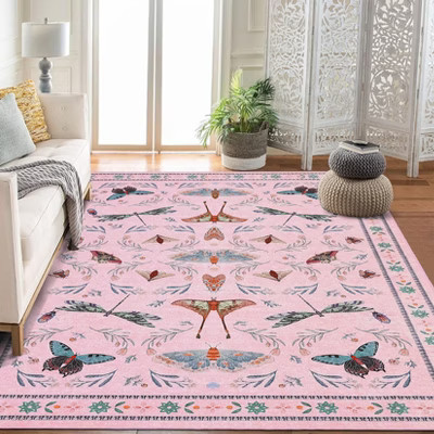 Insect Area Rug 8'x10' Pink Washable Rugs, Ultra-Thin Non Slip Stain Resistant Large Carpet for Dining Living Room Bedroom Nursery Indoor Outdoor | Target