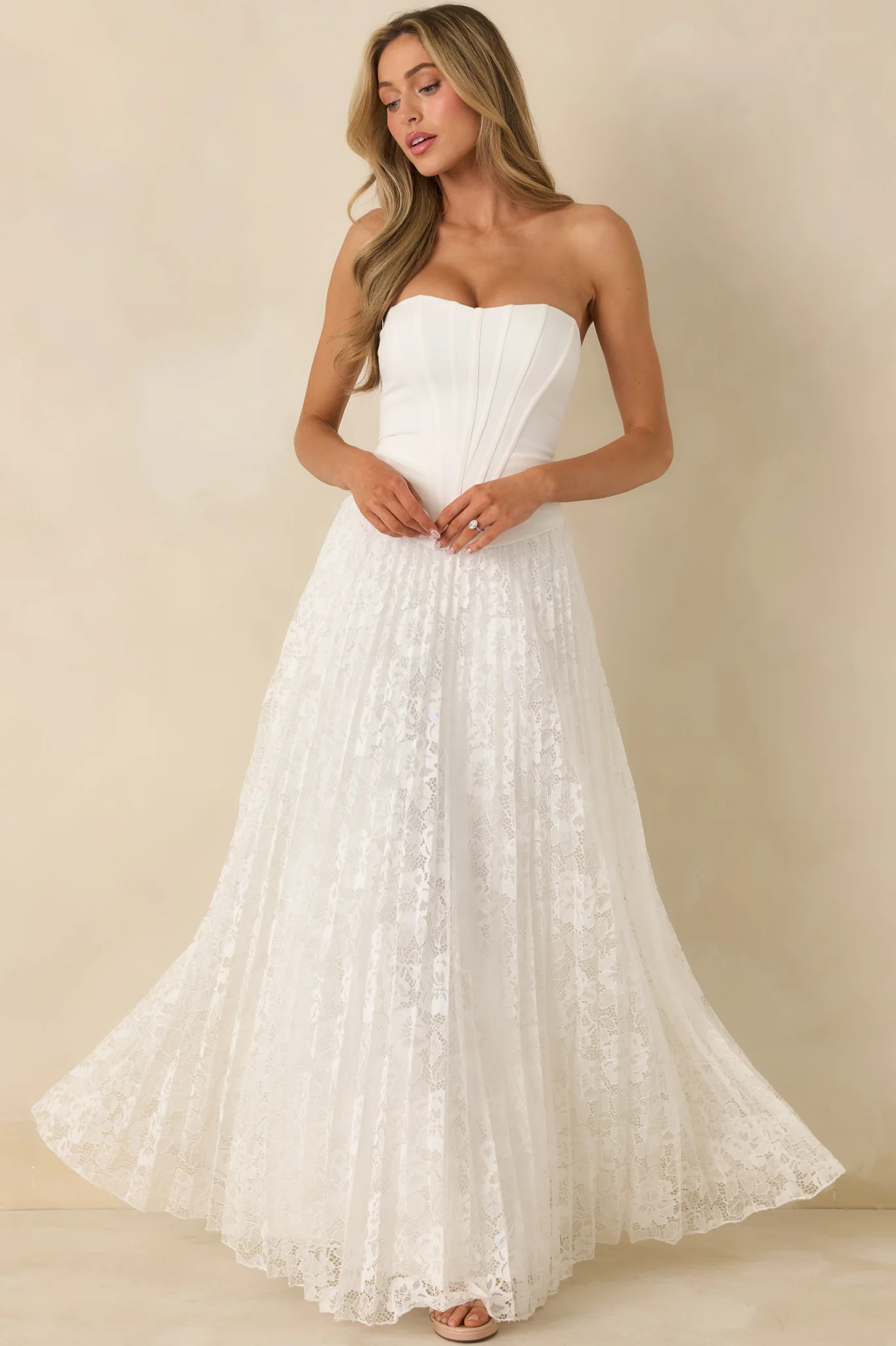 Say Yes to This White Corset Bodice & Pleated Lace Maxi Dress | Red Dress