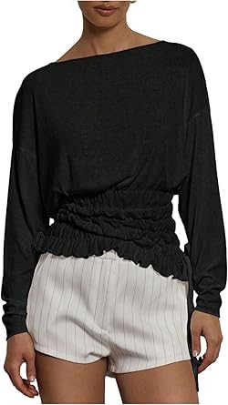 Milumia Women's Boat Neck Long Sleeve Ruched T Shirt Smocked Asymmetrical Hem Sheer Tops | Amazon (US)