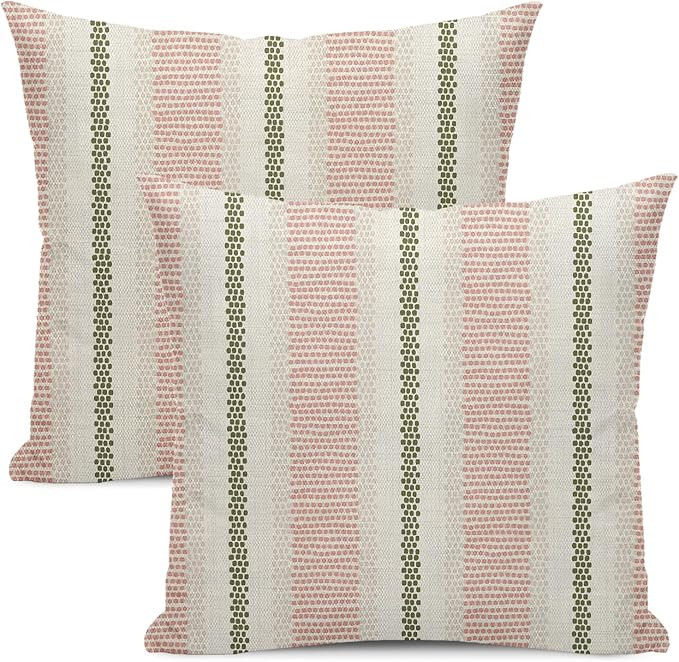 Amazon.com: GOLIANDA Pink Sage Green Pillow Covers 18x18 Set of 2 Boho Outdoor Striped Throw Pill... | Amazon (US)