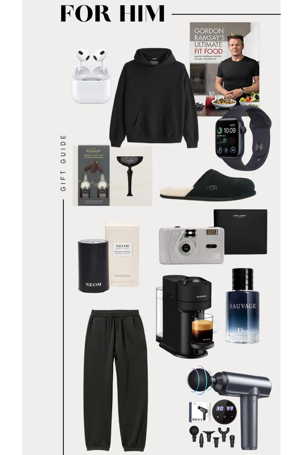 Christmas 2022 gift guide for him - products with a wide range of prices from a nespresso coffee machine, apple AirPods, massage gun, hotel chocolat gift set and even an Abercrombie hoodie and weekday  sweatpants or a cook book. 

#LTKSeasonal #LTKCyberweek #LTKHoliday