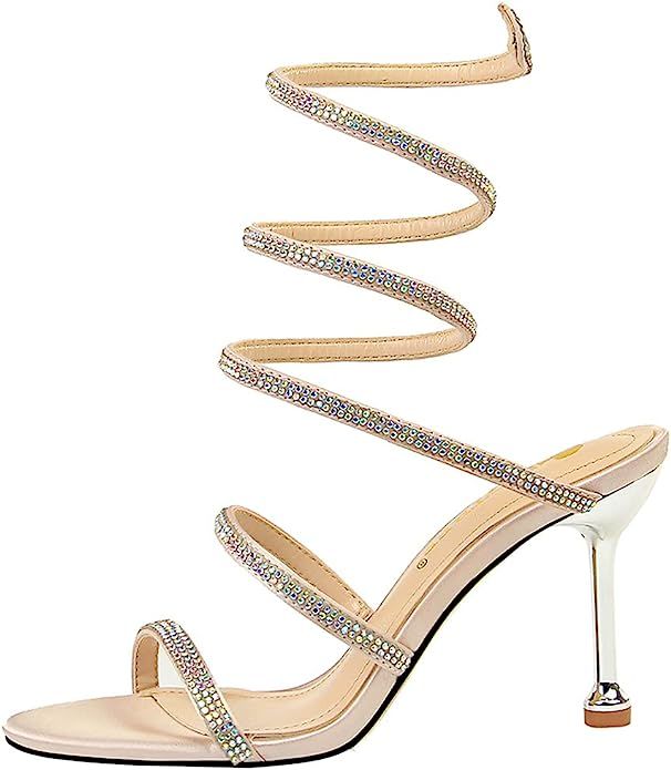 MissHeel Wrap Up Rhinestone Strappy High Heels Sandals 3inch/8cm | Amazon (US)