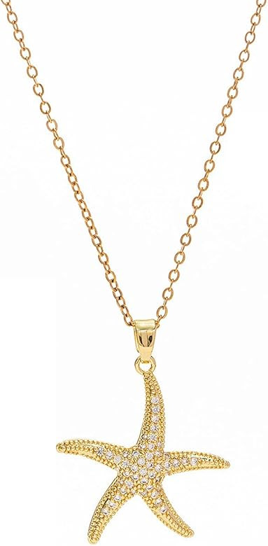 18K Gold Plated Starfish Necklace - Seashell Pendent Ocean Themed Necklace - Boho Summer Beach Je... | Amazon (US)