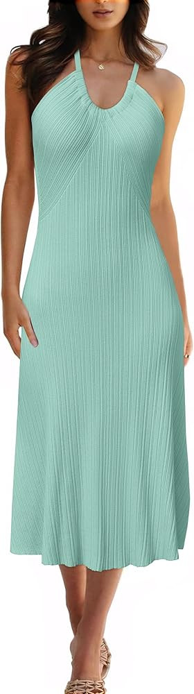 Arach&Cloz Women's Knit Adjustable Halter V Neck Summer Vacation Dress 2025 | Amazon (US)