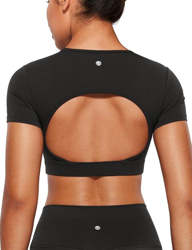 CRZ YOGA Womens Butterluxe Double Lined Open Back Crop Tops Backless Short Sleeve Workout Top Cas... | Amazon (US)