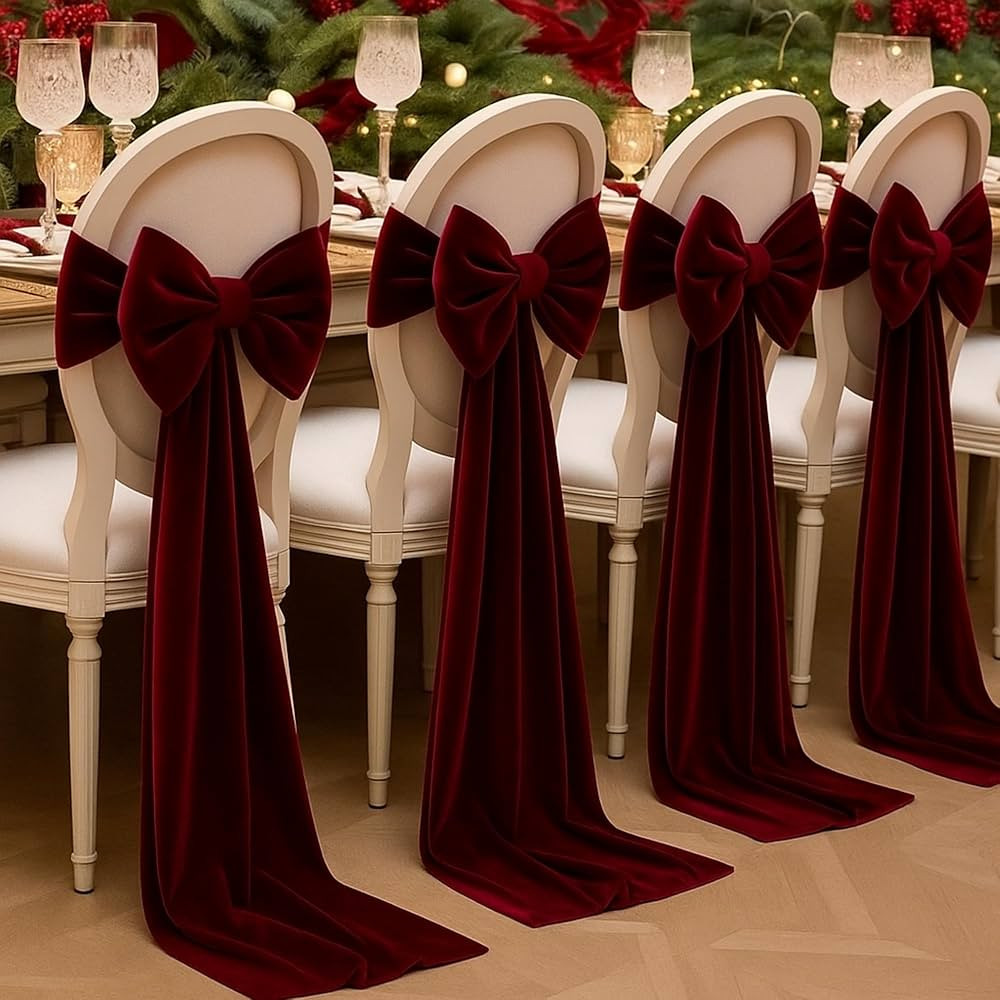 6 Pcs Christmas Burgundy Velvet Chair Sashes 157'' Decorative Bows Chair Cover with 12 Pins for C... | Amazon (US)