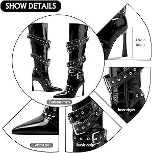 GOSERCE Black White Knee High Boots for Women Sexy Pointed Toe Buckle Rivets Tall Stiletto Boot F... | Amazon (US)