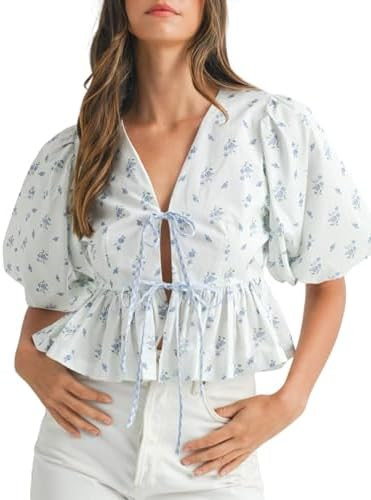 Womens Puff Short Sleeve Floral Printed Front Bow Tie Crop Peplum Top Floral Bow Ties Blouse | Amazon (US)