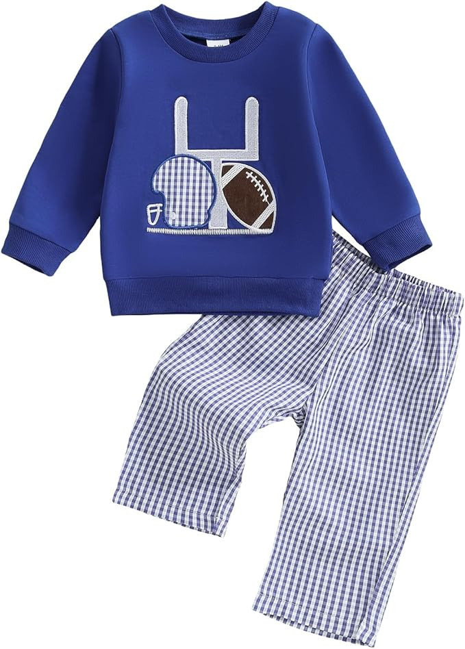 Toddler Baby Boy Rugby Outfit Long Sleeve Smocked Sweatshirt Tops Gingham Plaid Pants Two Piece F... | Amazon (US)