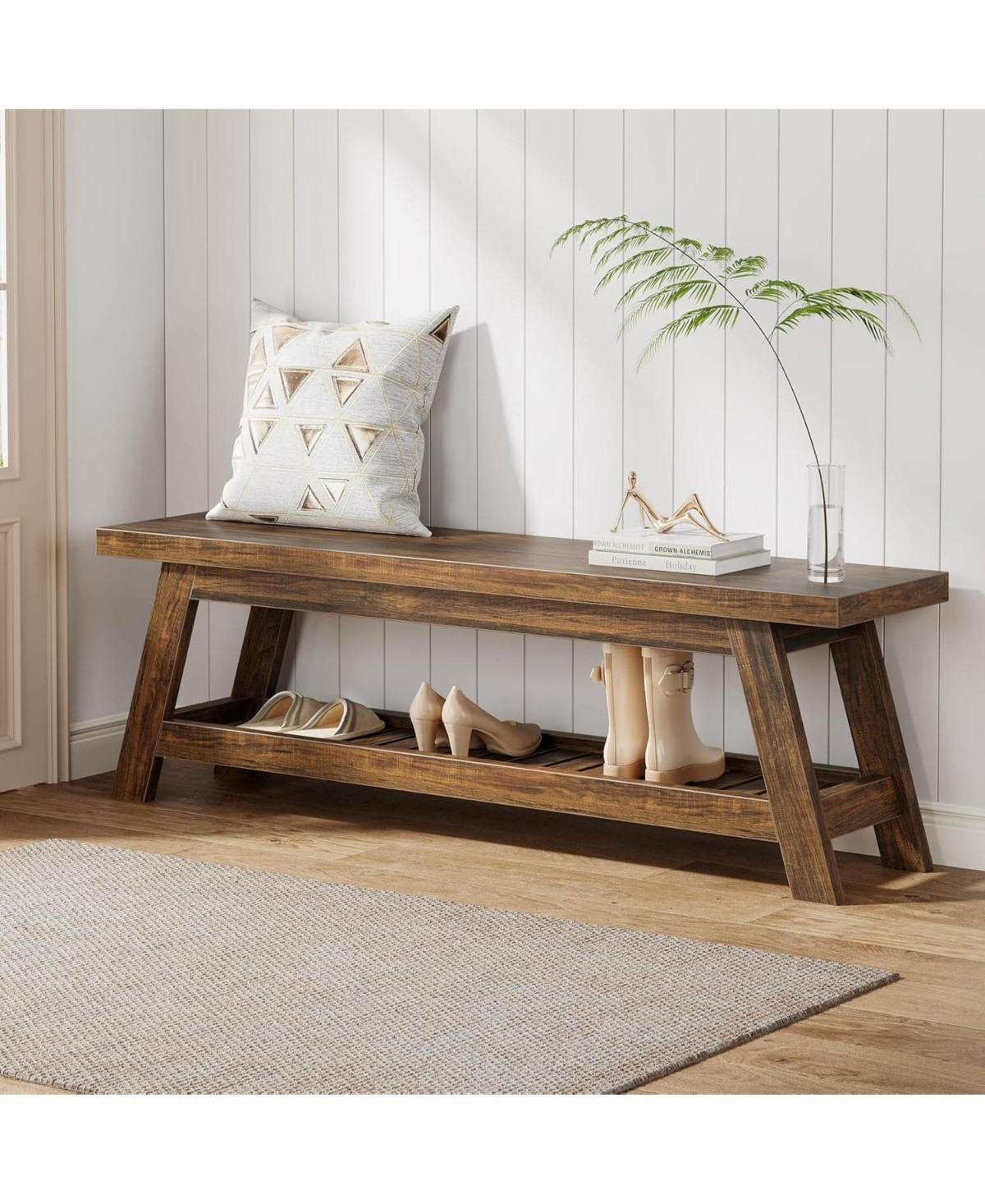 Tribesigns 55" Wood Entryway Bench with Shoe Storage, Large 2-Tier Narrow Hallway Foyer Seating Bench - Rustic brown | Macy's