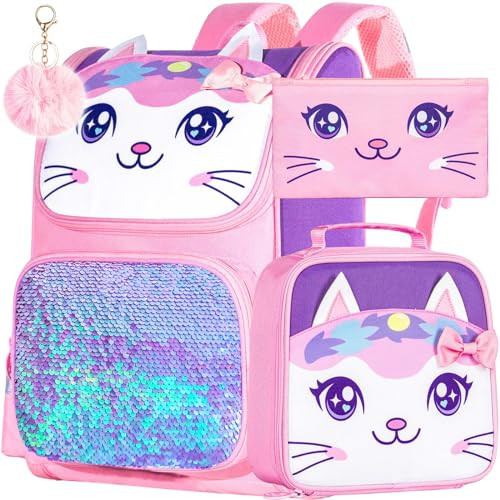 KLFVB 3PCS Cat Backpack for Girls, 15" Sequin Bookbag with Lunch Box, Kids Preschool School bag for Elementary Toddler Students - Pink Cat | Amazon (US)