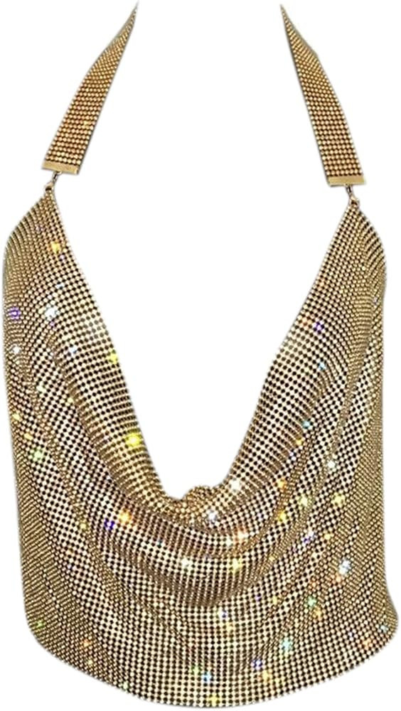 Women Sexy Shiny Rhinestone Tank Top Deep V Neck Halter Metal Body Chain Crop Top Shirt for Night... | Amazon (US)