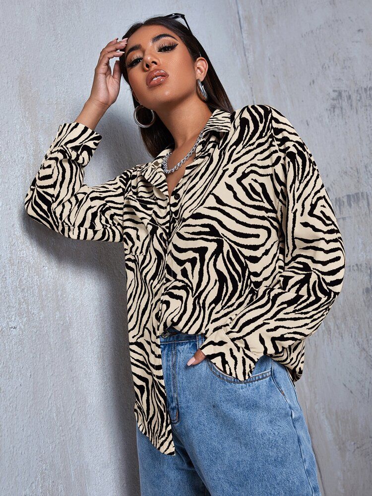 Zebra Striped Drop Shoulder Shirt | SHEIN