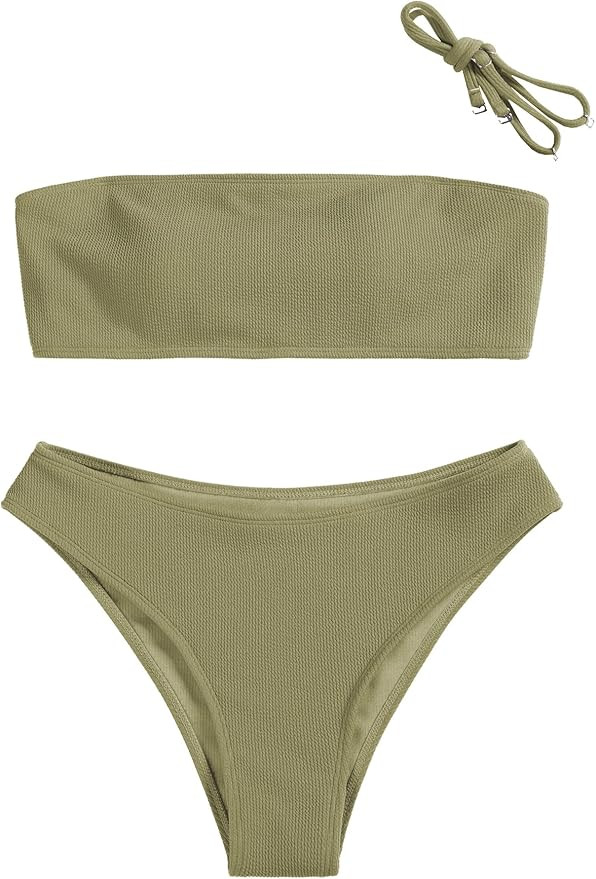 ZAFUL Women Strapless Ribbed High Cut Bandeau Bikini Lace Up 2 Pieces Swimwear | Amazon (US)