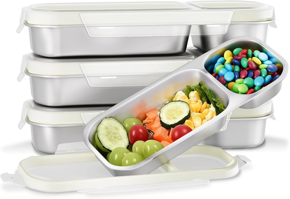 Stainless Steel Snack Containers for Kids Adults, 4 Pack 2 Compartment Metal Snack Containers Box... | Amazon (US)