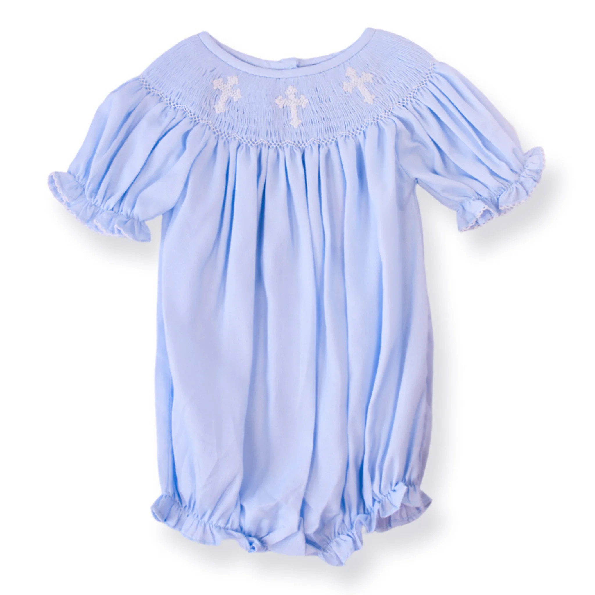 Smocked Cross Bubble in Blue | Lillie & Lilah