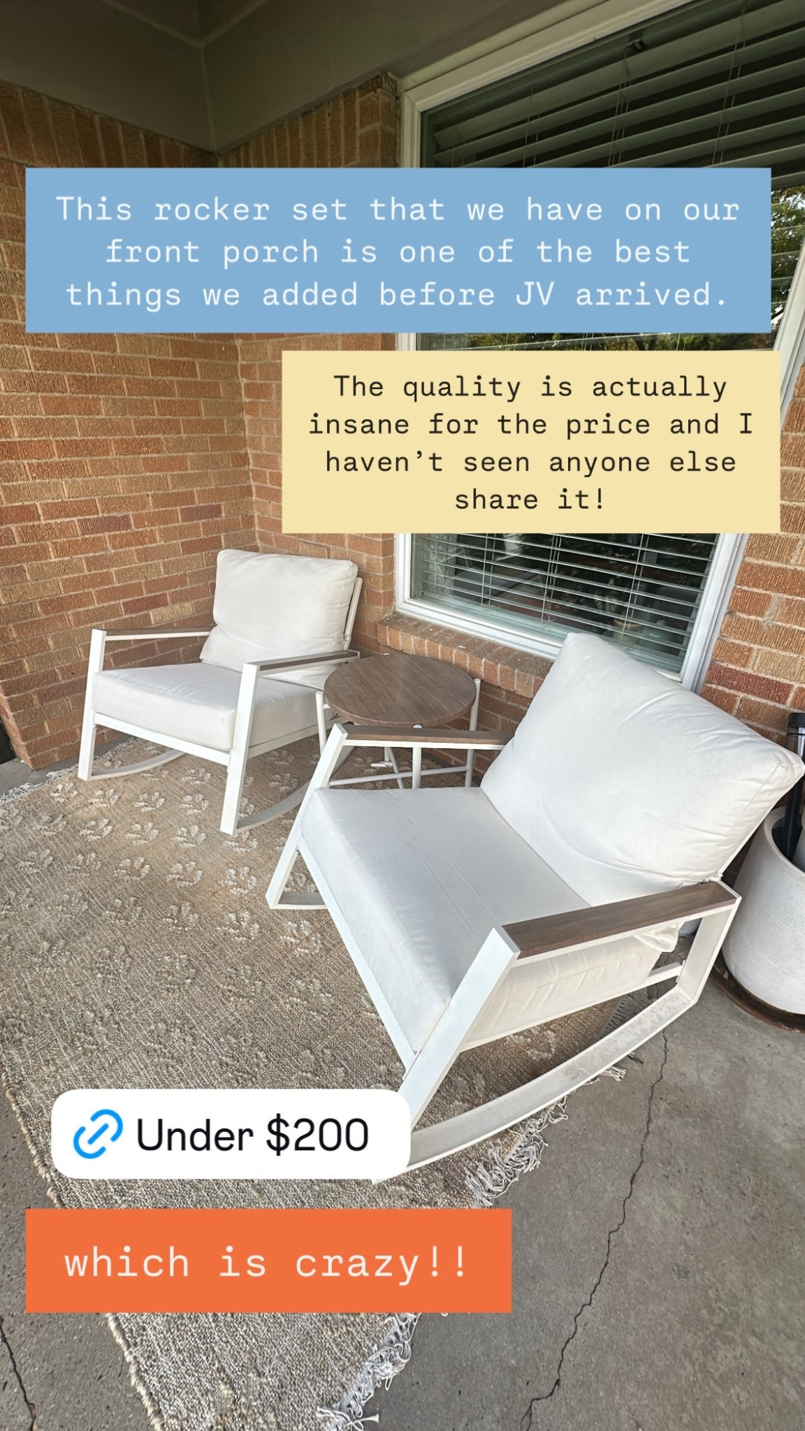 This rocking set we have on our front porch has been amazing and is such a great price!! Catch me chilling out here with baby boy all summer long!! 

patio furniture // outdoor furniture 

#LTKSummerEdit #LTKSeasonal #LTKHome
