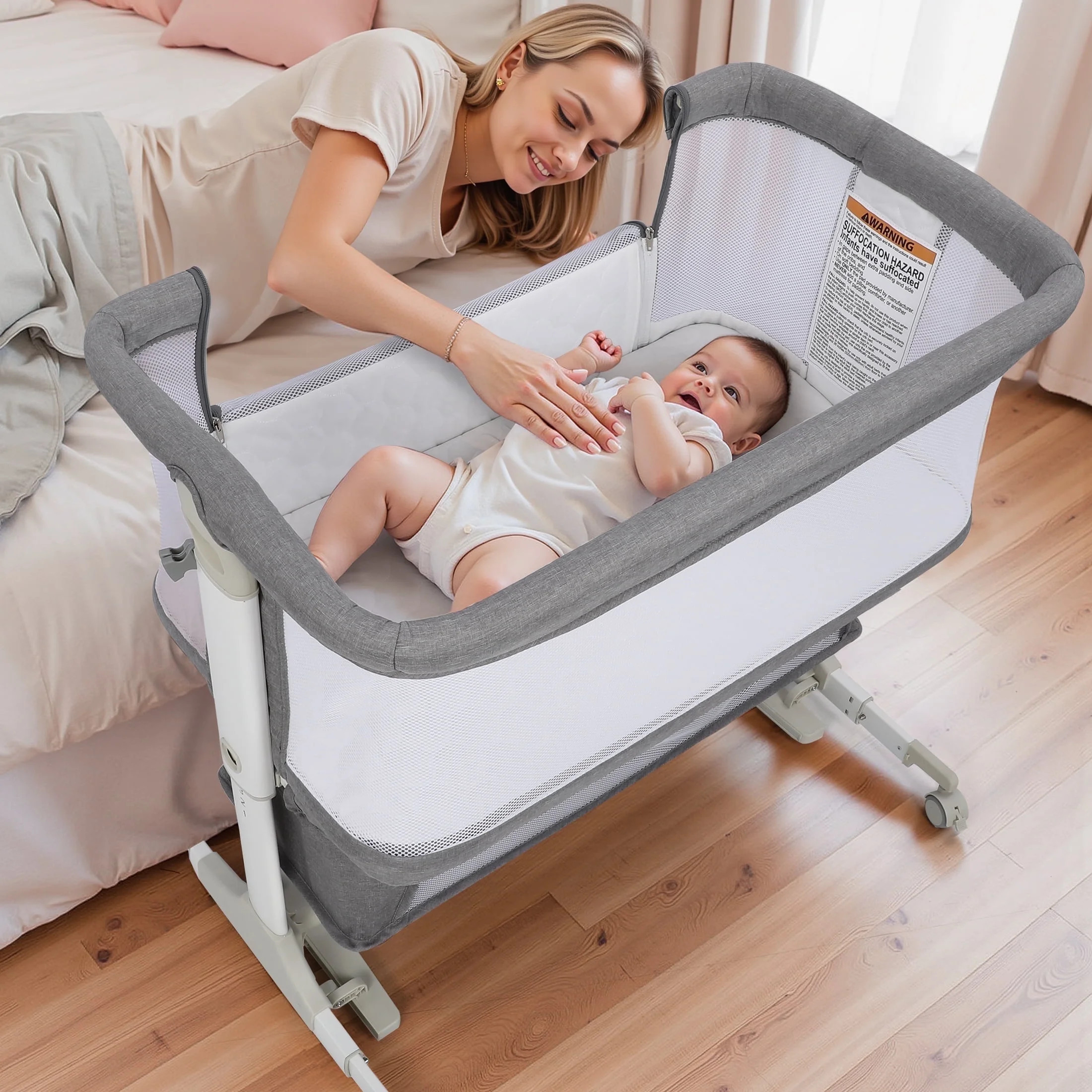 Vomeast Baby Bassinet Bedside Sleeper with Wheels, Adjustable Height, Dual-Lock, Storage Bag for ... | Walmart (US)