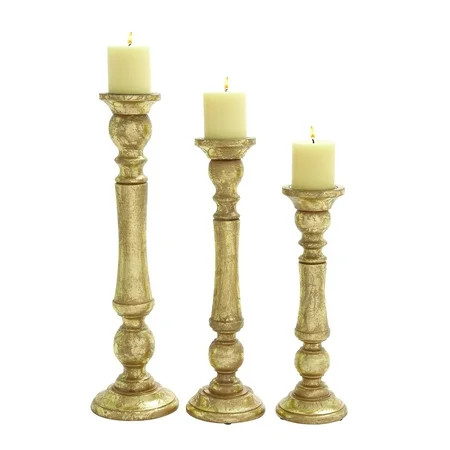 Decmode - Traditional Style Turned Column Metallic Gold Wood Candlesticks, Set of 3: 6"" x 21"", 5.5 | Walmart (US)