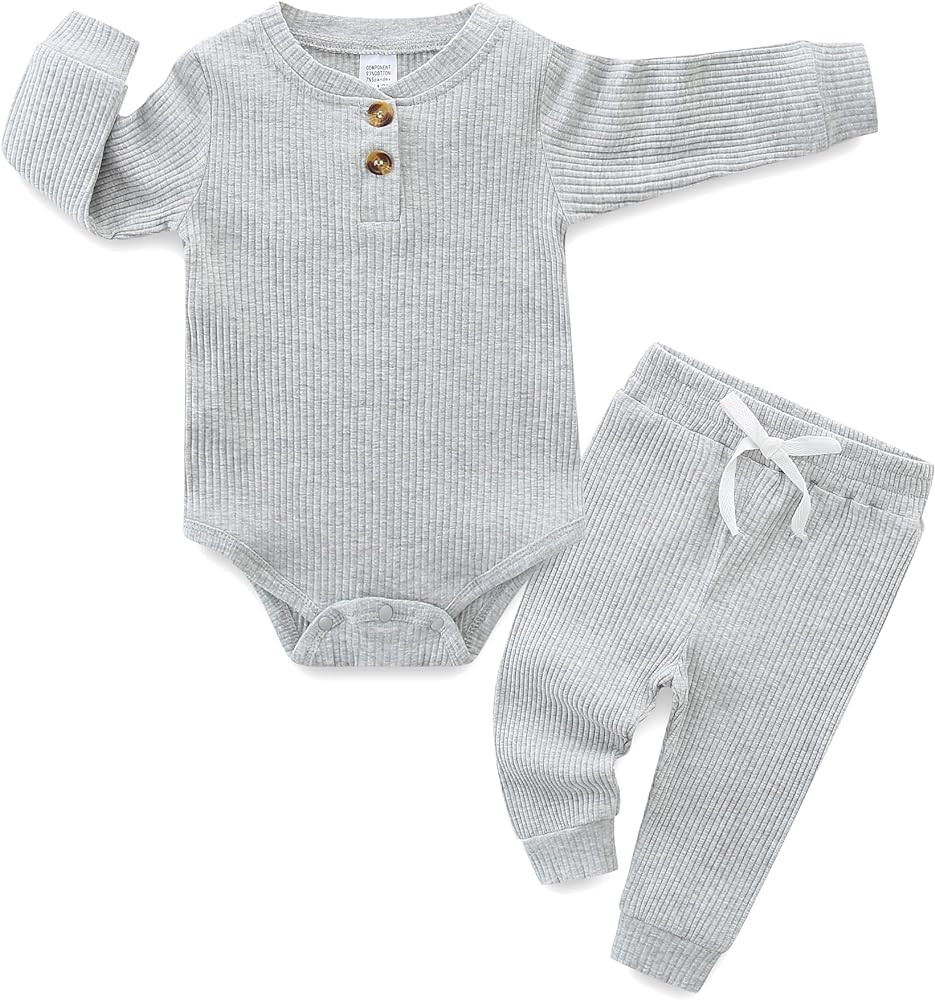 Newborn Baby Boy Girl Clothes Infant Ribbed Romper Cotton Long Sleeve Pant Sets for 0~18M Infant | Amazon (US)