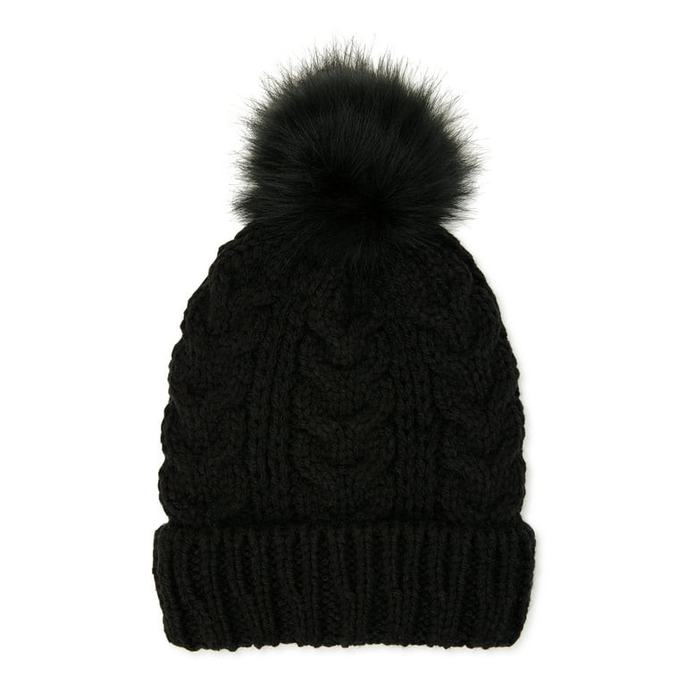 Time and Tru Women's Pom Cable Knit Winter Beanie, Black Soot | Walmart (US)