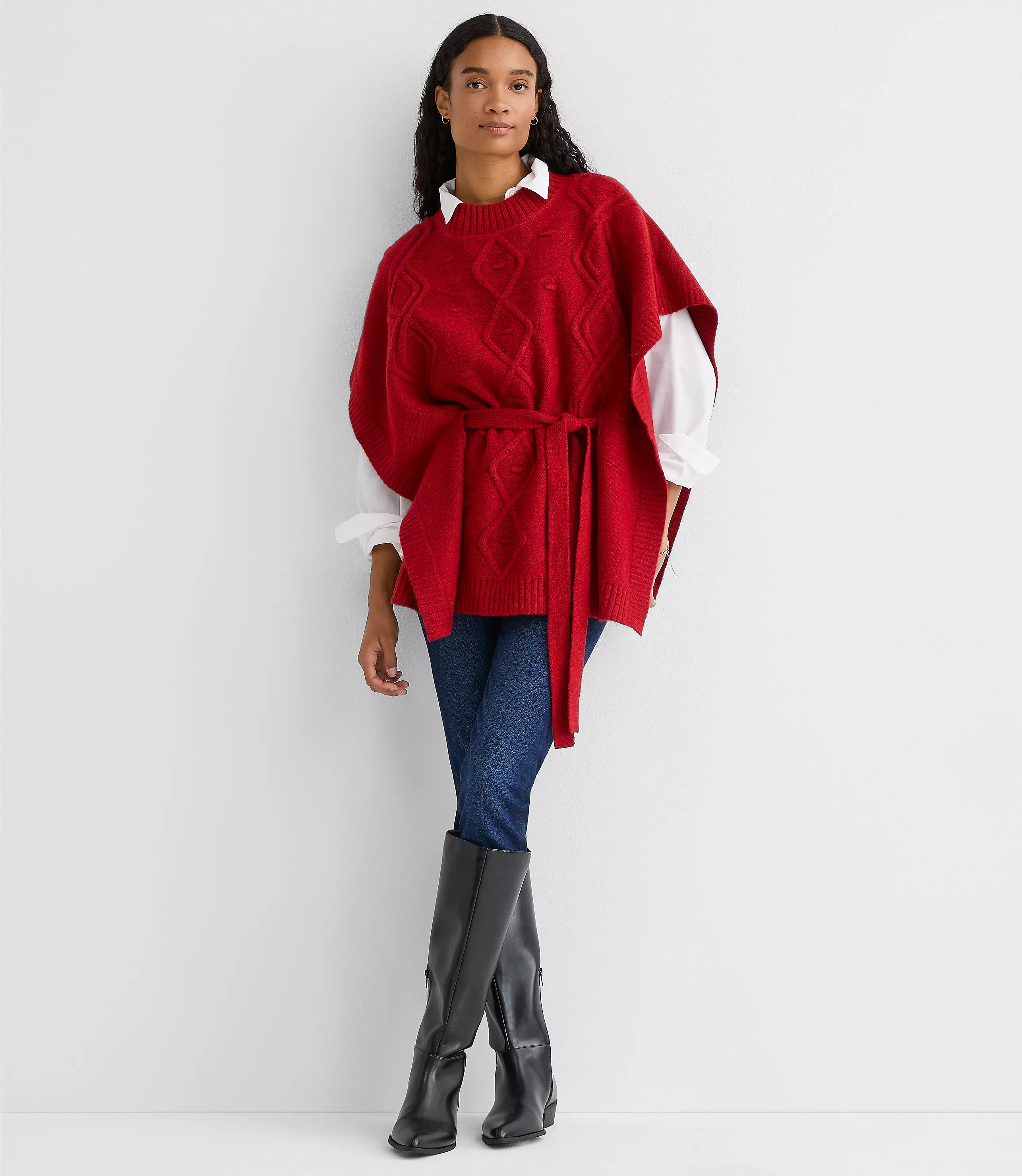 Bobble Cable Belted Poncho Sweater | LOFT