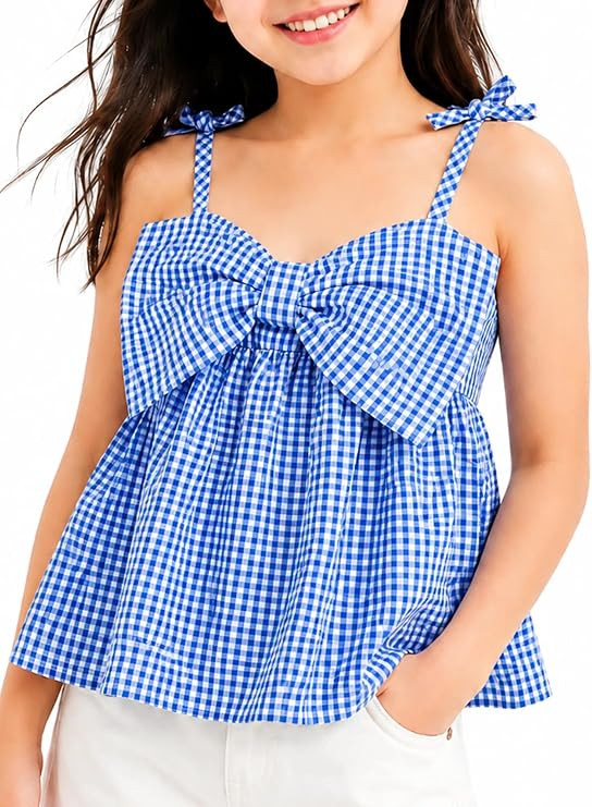 Girls Gingham Tank Top – Spaghetti Strap Peplum Cami, Summer Beach, Casual & Party Top for 7-14... | Amazon (US)