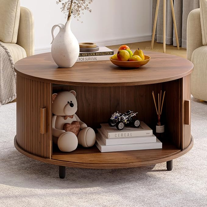ONBRILL Round Coffee Table with Storage, 31.5" Modern Coffee Table with 360° Curved Sliding Door... | Amazon (US)