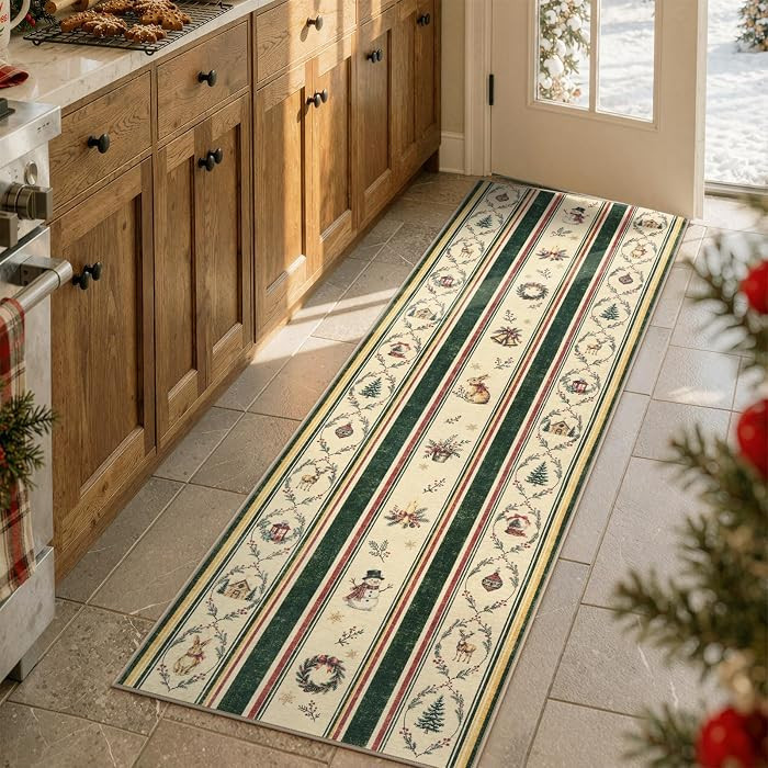 Lahome Christmas Runner Rug, 2x6 Green Christmas Bathroom Entryway Runner | Amazon (US)