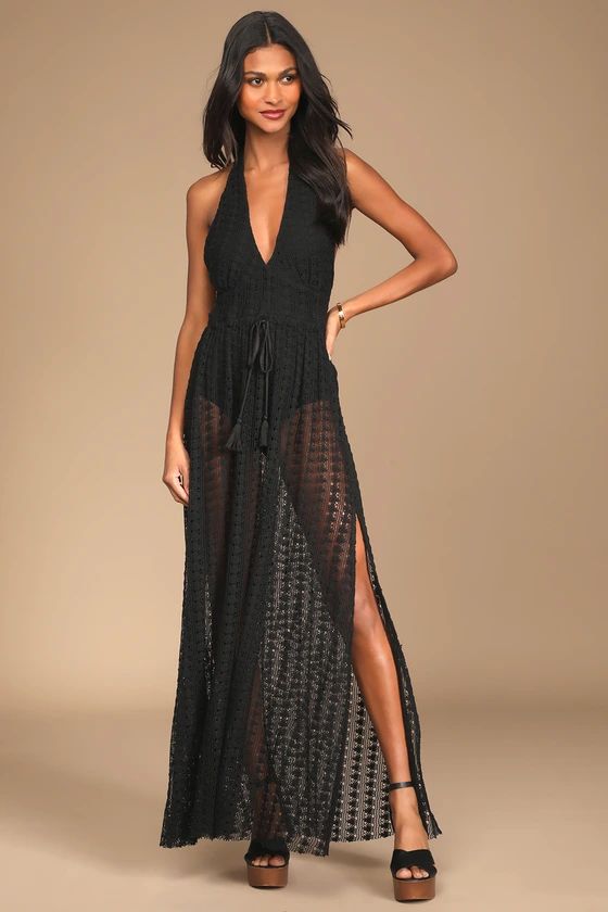 Destination Summer Black Crochet Halter Maxi Bodysuit Dress | Lulus (US)