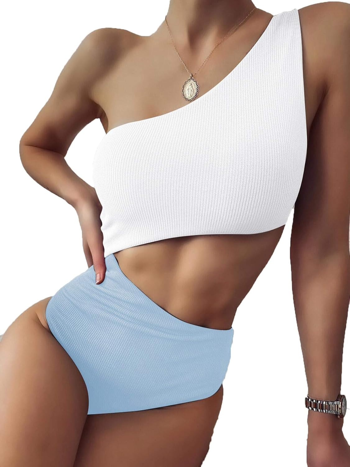 Verdusa Women's One Shoulder Two Tone Colorblock Monokini One Piece Swimsuit | Amazon (US)