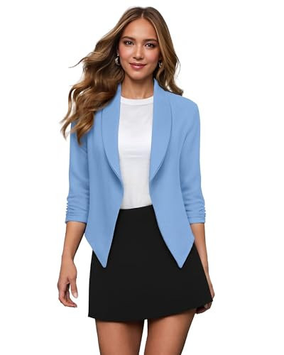 Hybrid & Company Womens Casual Work Office Open Front Blazer Jacket with 3/4 Scrunch Sleeves JK1133 BLUE M | Amazon (US)