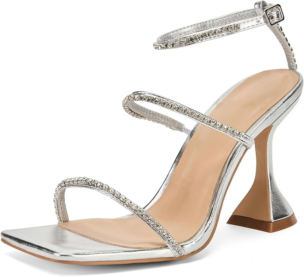 Women's Rhinestone Sandals Lace Up Slingback Square Open Toe Heels Sparkling Sandals with Stilett... | Amazon (US)