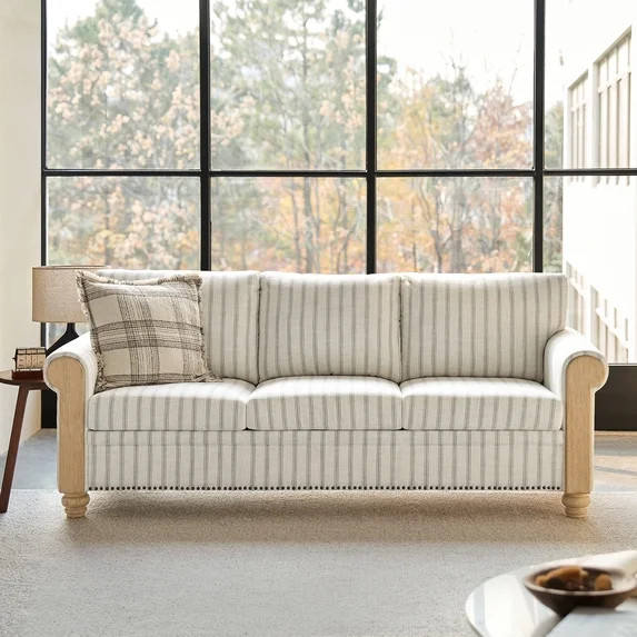 Tina's Home 81" Farmhouse 3-Seater Sofa with Rolled Arms, Upholstered Striped Linen Couch with So... | Walmart (US)