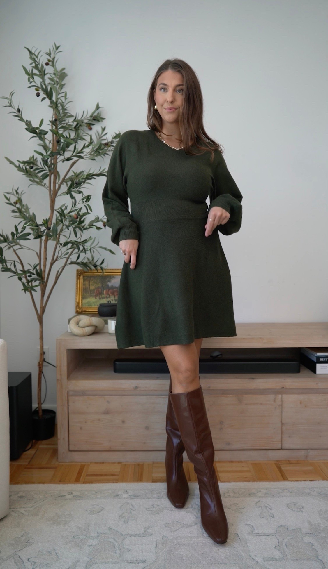 The perfect fall dress moment 🤎 This deep forest green sweater dress paired with chocolate brown knee-high boots feels classic, feminine and effortlessly polished. Such an easy look for fall dinners, Thanksgiving or date night. Size large, runs tts 

green sweater dress, fall dress, brown boots, Thanksgiving outfit, fall date night, Amazon fashion, fall style, knee high boots

#LTKSeasonal #LTKWorkwear #LTKMidsize