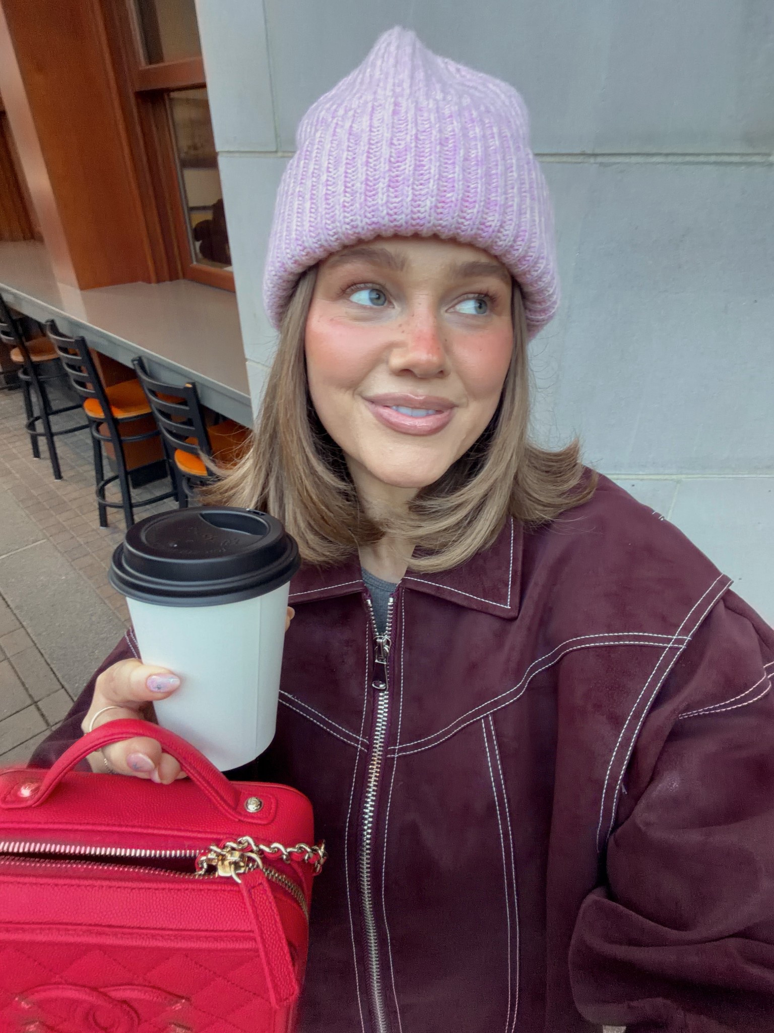 Jacket size M honestly a small would fit better it runs soo big definitely size down!! Love the color and weight of it. Beanie is from ganni three years ago they still sell it I love the thickness so cozy. Bag is borrowed from Vivrelle! 