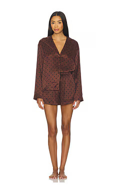 LUNYA Washable Silk Button Up Short Set in Chocolate Ellipsis from Revolve.com | Revolve Clothing (Global)