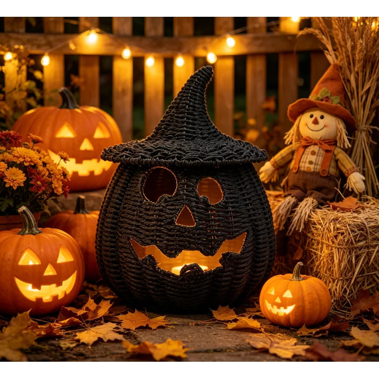 THOPBPRK 2026 New Black Woven Pumpkin Basket with Witch Hat Cover Lid, Halloween Jack-O-Lantern W... | Walmart (US)