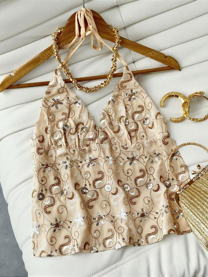 Women's Fashionable Sexy V-Neck Low-Cut Sequins Embroidery Spaghetti Strap Backless Camisole Top ... | SHEIN