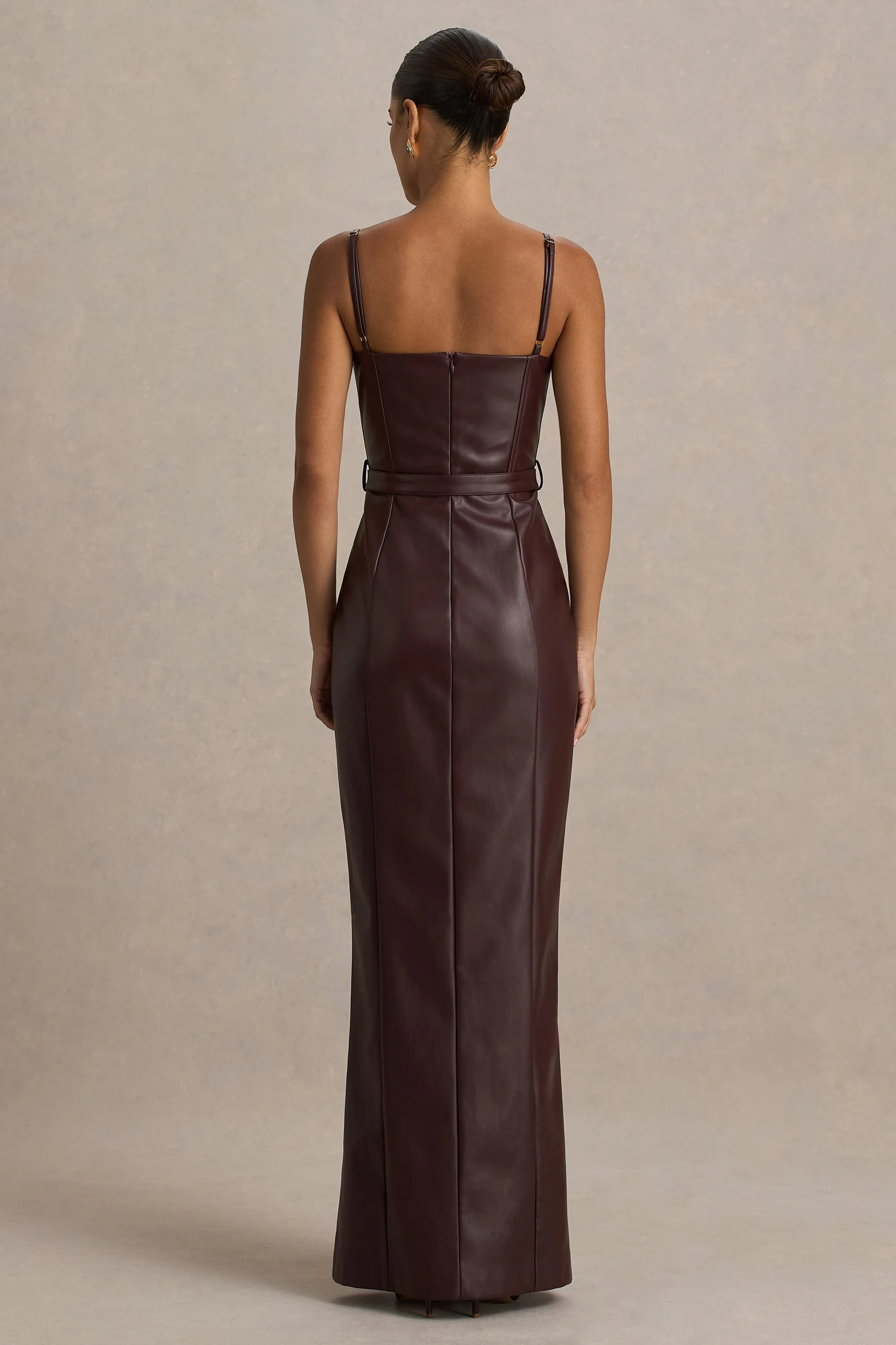 Lila | Burgundy Faux Leather Plunge-Neck Maxi Dress With Split | Club L London