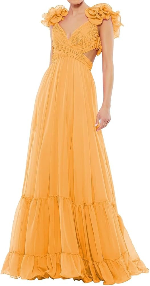 A Line Ruffle Prom Dresses for Women Long Princess Bridesmaid Dresses Tiered Chiffon Formal Eveni... | Amazon (US)