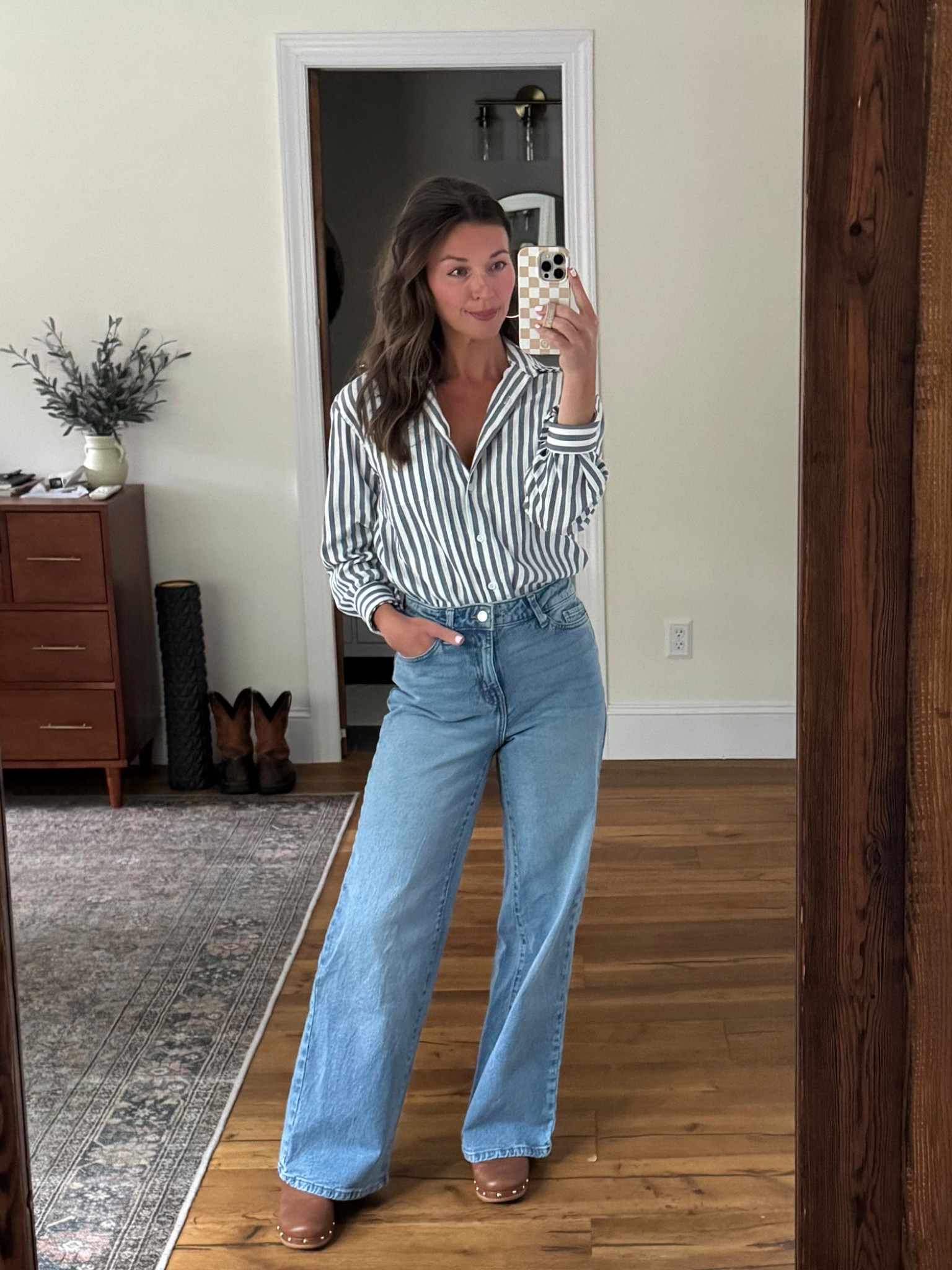 I’ve had this stripe button down several years now and continue to pull it out. It’s a great closet staple to have and is so soft! I did the dark blue color. My wide leg jeans are a great price! They run on the bigger side.. size down if in between sizes. 