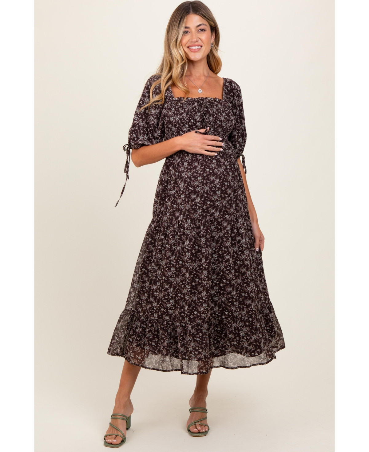 Pinkblush Maternity Dark Brown Floral Smocked Sleeve Tie Midi Dress - Brown | Macy's