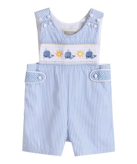 Lil Cactus Blue Stripe Whale Smocked Shortalls - Infant & Toddler | Zulily
