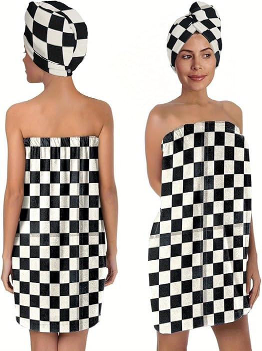 Checkered Bath Wrap Set with Hair Turban, Black and White Pattern, Spa Towel Wrap | Amazon (US)