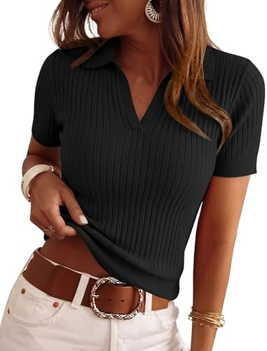 PRETTYGARDEN Women's Short Sleeve Sweater 2026 Spring Polo Shirts Ribbed Knit V Neck Business Cas... | Amazon (US)