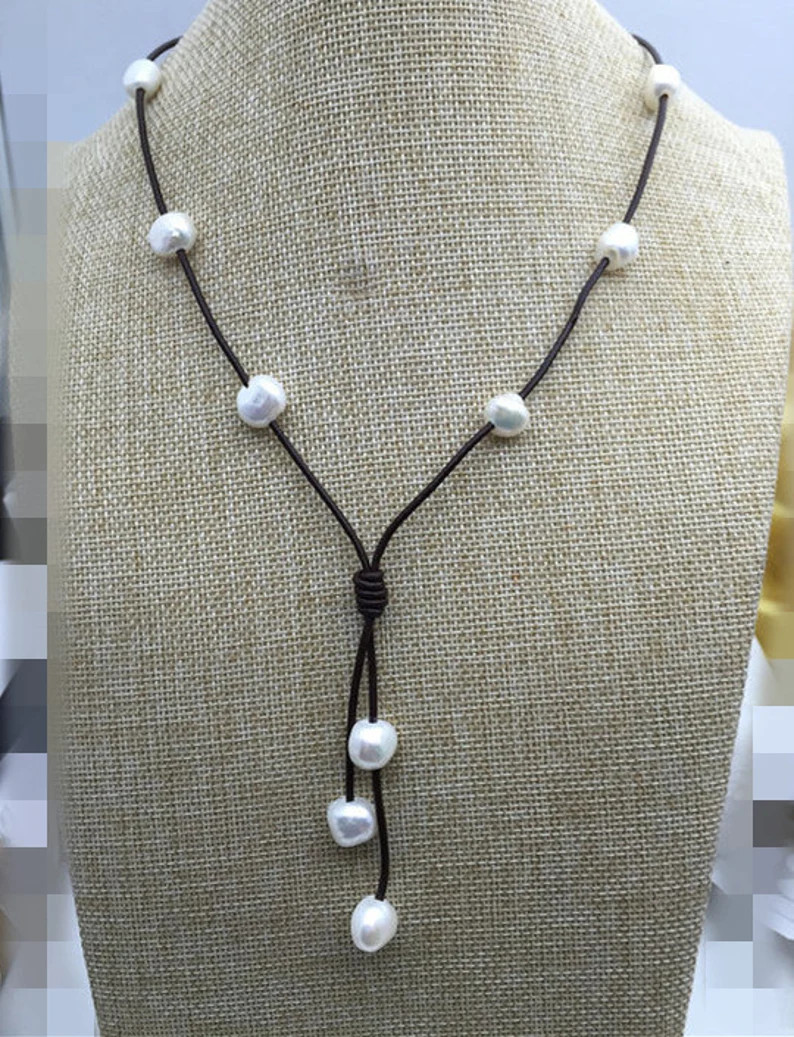 Baroque pearl leather necklace,Pearl and Leather Lariat Necklace,Leather Pearl necklace,Leather b... | Etsy (US)