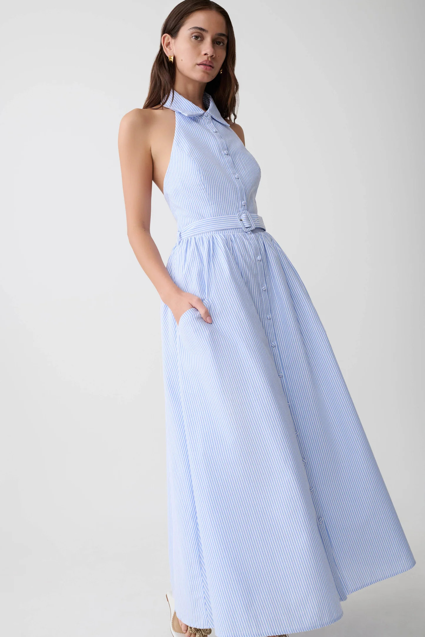 Cindy Collared Midi Dress - Blue Pinstripe | MESHKI US