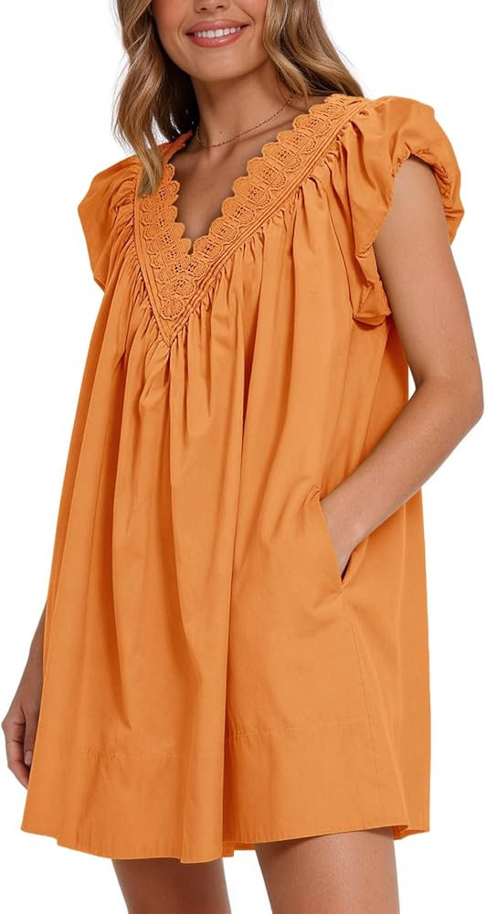 Senllen Cotton Summer Dresses for Women 2026 A Line Puff Short Sleeve V Neck Casual Babydoll Boho... | Amazon (US)
