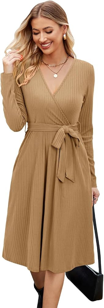 Newshows Womens 2024 Fall Sweater Dress Long Sleeve Business Casual Outfits V Neck Ribbed Knit Be... | Amazon (US)